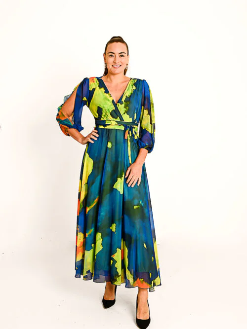 Blauwe Veelkleurige Avondjurk